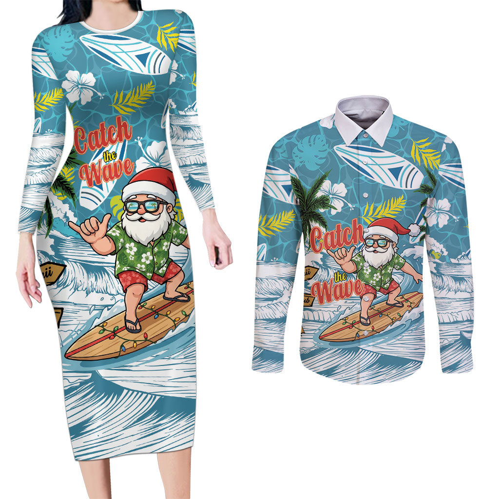 Hawaii Summer Christmas Couples Matching Long Sleeve Bodycon Dress and Long Sleeve Button Shirt Surfing Santa Shaka Catch The Wave