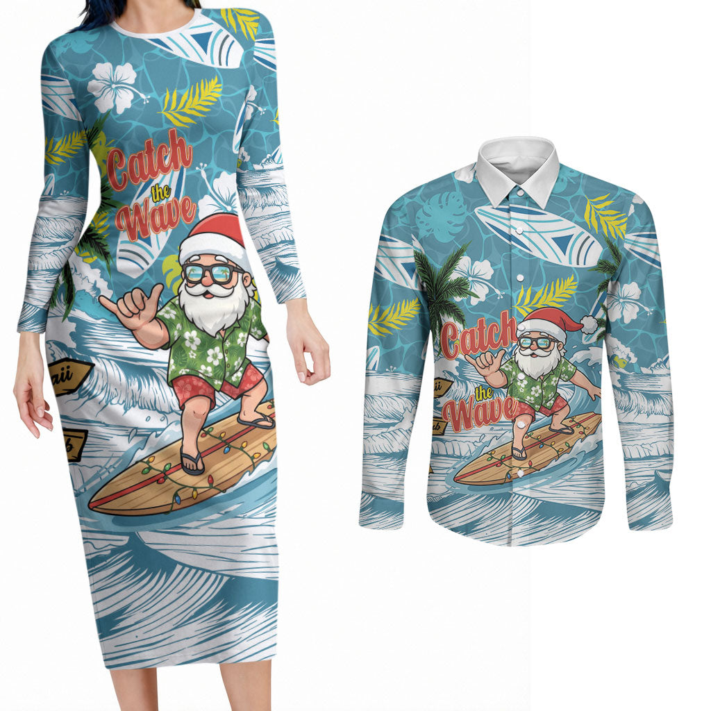 Hawaii Summer Christmas Couples Matching Long Sleeve Bodycon Dress and Long Sleeve Button Shirt Surfing Santa Shaka Catch The Wave LT14 Teal - Polynesian Pride