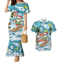 Hawaii Summer Christmas Couples Matching Mermaid Dress and Hawaiian Shirt Surfing Santa Shaka Catch The Wave