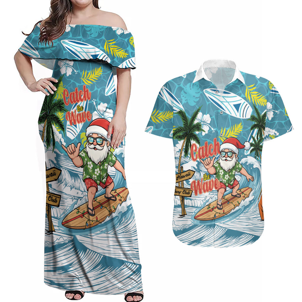 Hawaii Summer Christmas Couples Matching Off Shoulder Maxi Dress and Hawaiian Shirt Surfing Santa Shaka Catch The Wave