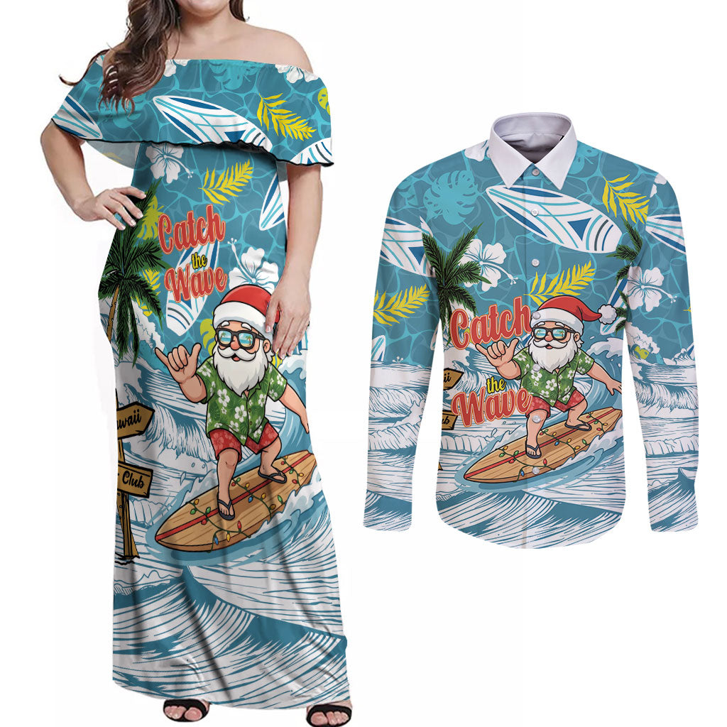Hawaii Summer Christmas Couples Matching Off Shoulder Maxi Dress and Long Sleeve Button Shirt Surfing Santa Shaka Catch The Wave
