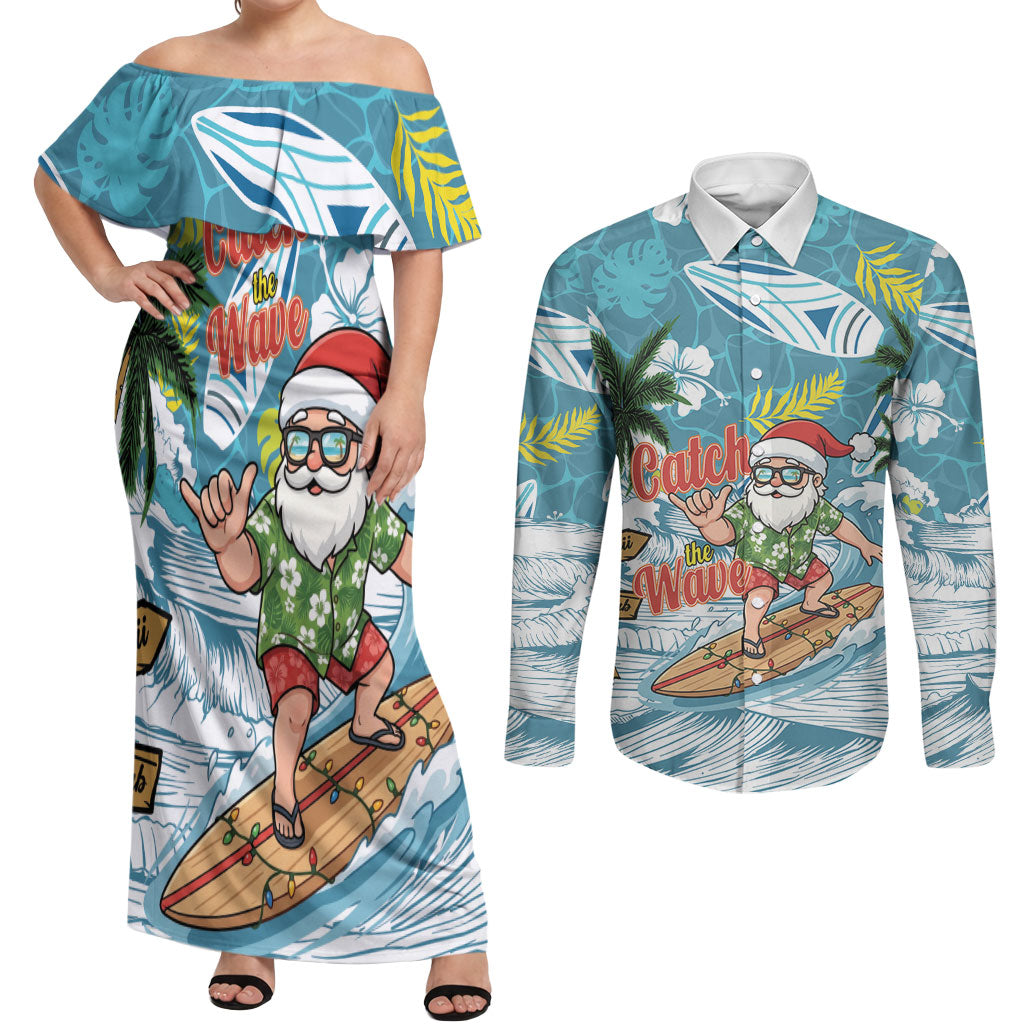 Hawaii Summer Christmas Couples Matching Off Shoulder Maxi Dress and Long Sleeve Button Shirt Surfing Santa Shaka Catch The Wave LT14 Teal - Polynesian Pride