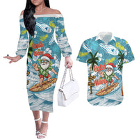 Hawaii Summer Christmas Couples Matching Off The Shoulder Long Sleeve Dress and Hawaiian Shirt Surfing Santa Shaka Catch The Wave