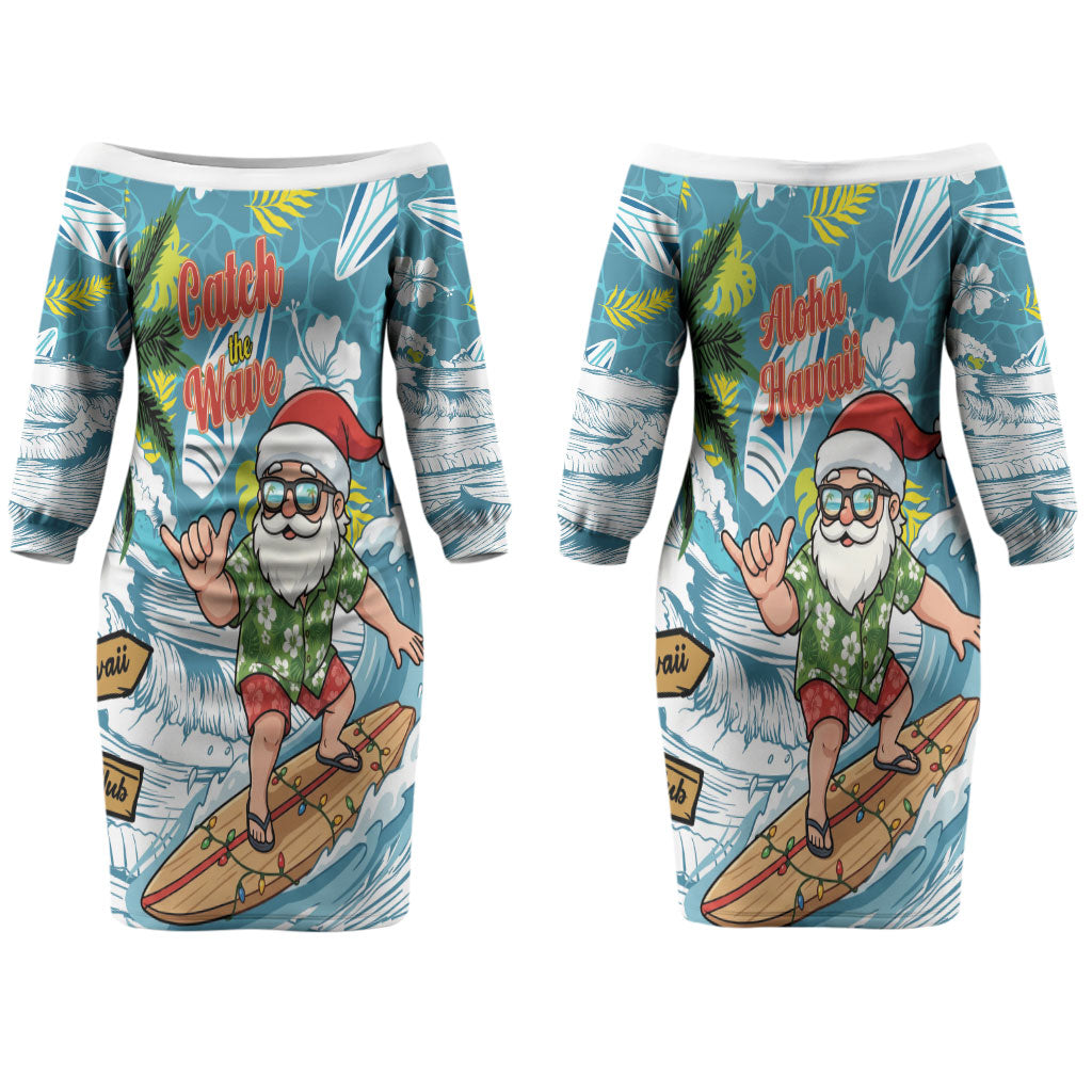 Hawaii Summer Christmas Couples Matching Off The Shoulder Long Sleeve Dress and Hawaiian Shirt Surfing Santa Shaka Catch The Wave LT14 - Polynesian Pride