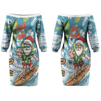 Hawaii Summer Christmas Couples Matching Off The Shoulder Long Sleeve Dress and Hawaiian Shirt Surfing Santa Shaka Catch The Wave LT14 - Polynesian Pride