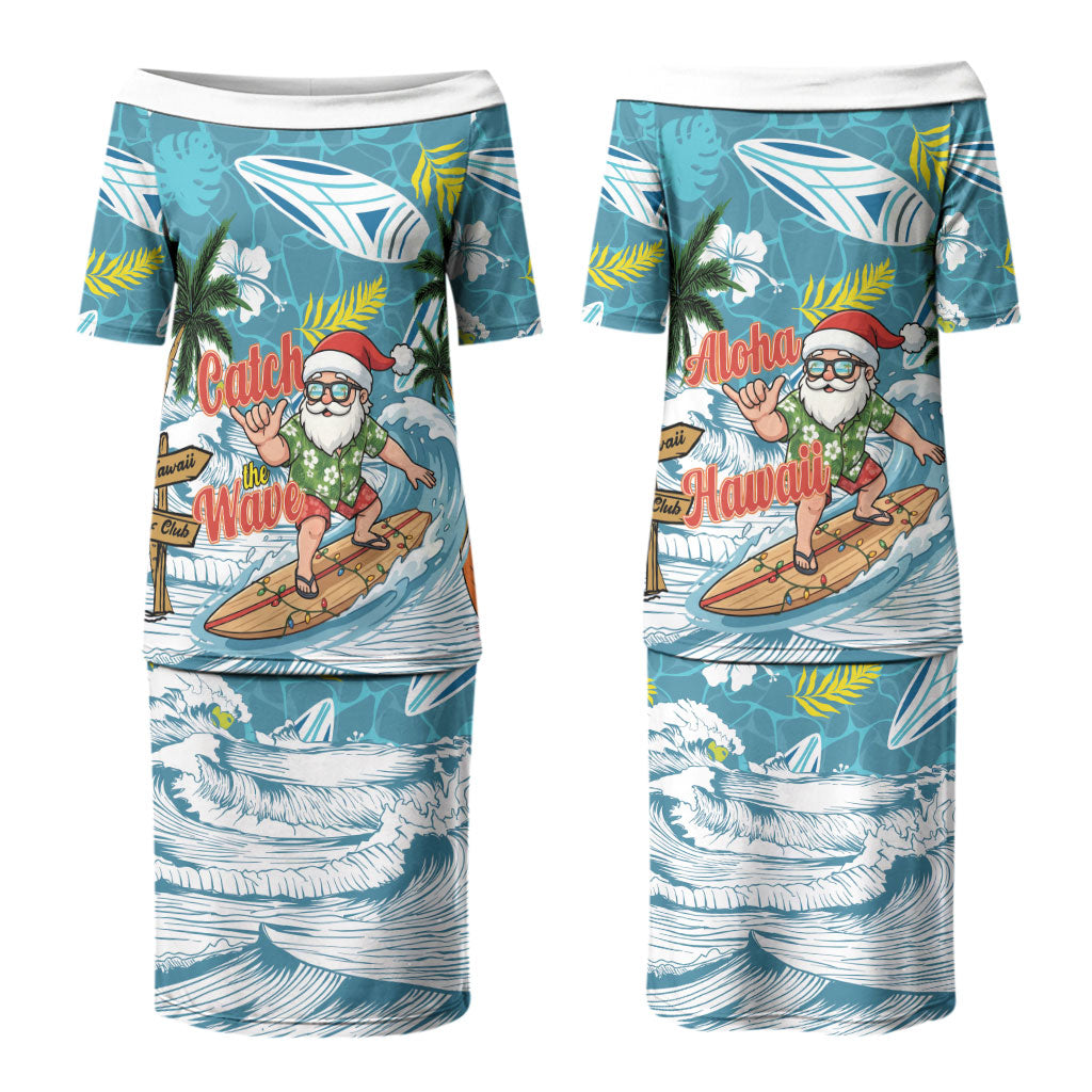 Hawaii Summer Christmas Couples Matching Puletasi and Hawaiian Shirt Surfing Santa Shaka Catch The Wave LT14 - Polynesian Pride