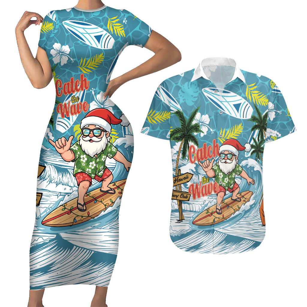 Hawaii Summer Christmas Couples Matching Short Sleeve Bodycon Dress and Hawaiian Shirt Surfing Santa Shaka Catch The Wave