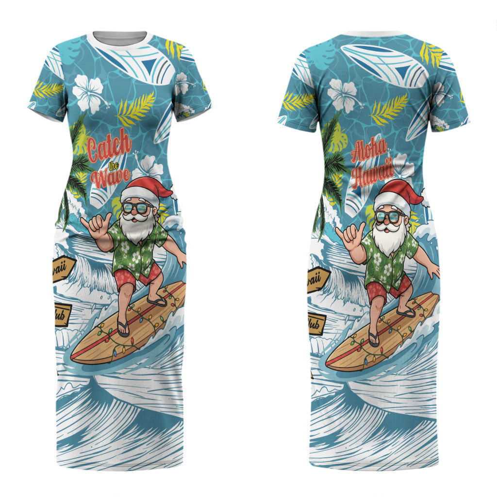 Hawaii Summer Christmas Couples Matching Short Sleeve Bodycon Dress and Hawaiian Shirt Surfing Santa Shaka Catch The Wave LT14 - Polynesian Pride