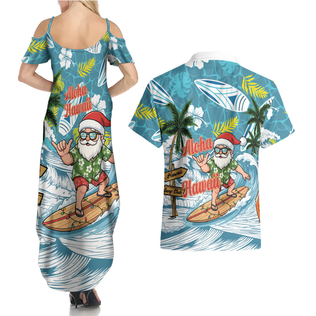 Hawaii Summer Christmas Couples Matching Summer Maxi Dress and Hawaiian Shirt Surfing Santa Shaka Catch The Wave