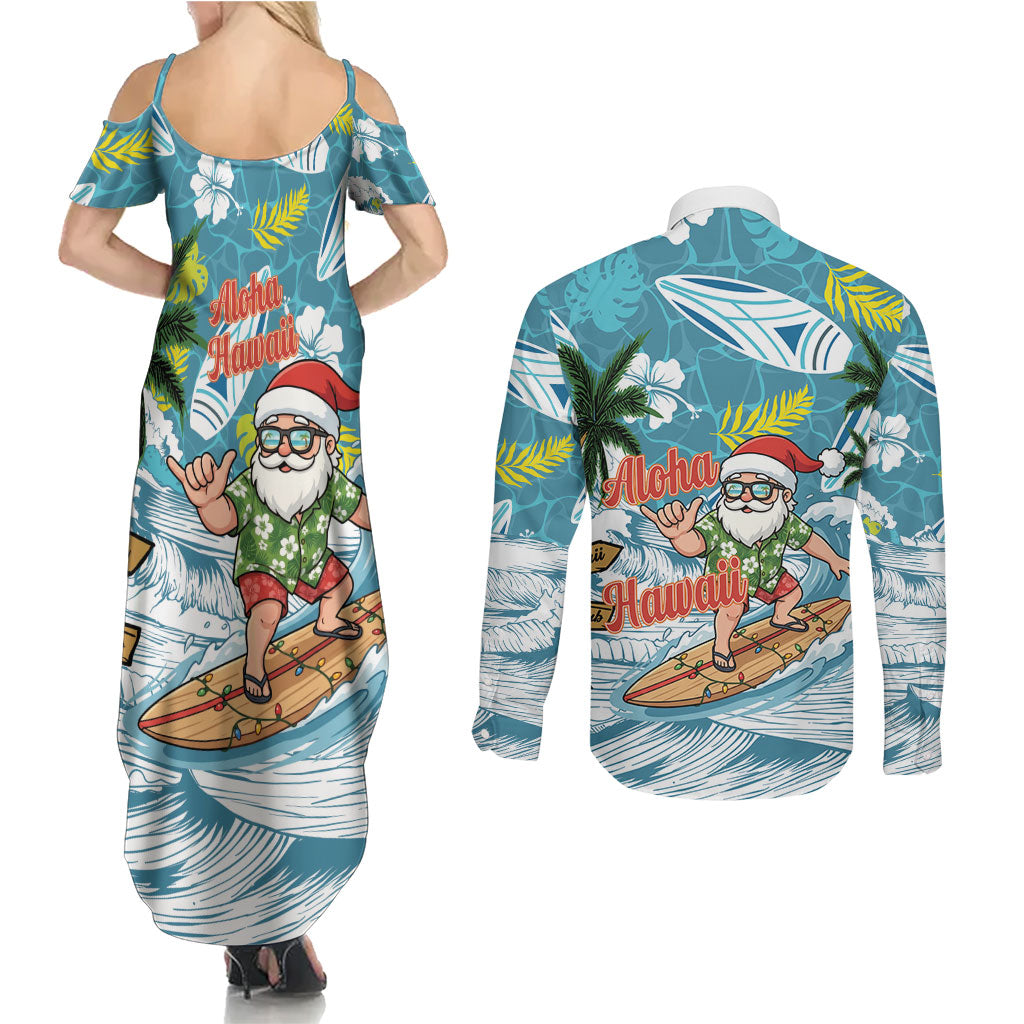 Hawaii Summer Christmas Couples Matching Summer Maxi Dress and Long Sleeve Button Shirt Surfing Santa Shaka Catch The Wave