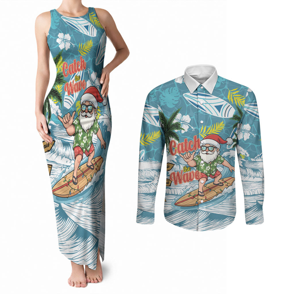 Hawaii Summer Christmas Couples Matching Tank Maxi Dress and Long Sleeve Button Shirt Surfing Santa Shaka Catch The Wave LT14 Teal - Polynesian Pride