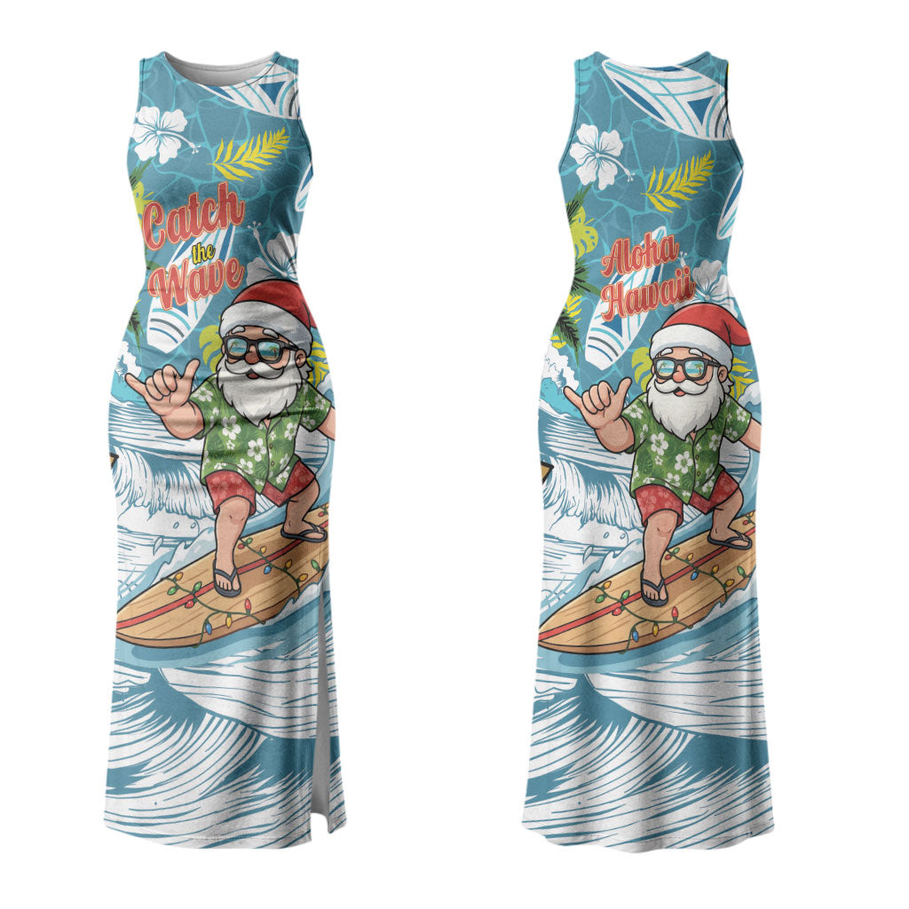 Hawaii Summer Christmas Couples Matching Tank Maxi Dress and Long Sleeve Button Shirt Surfing Santa Shaka Catch The Wave LT14 - Polynesian Pride