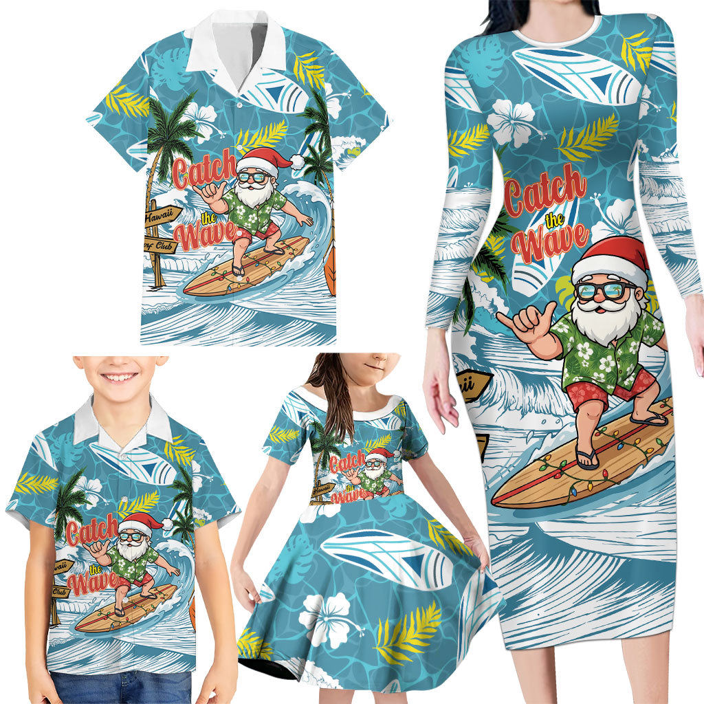 Hawaii Summer Christmas Family Matching Long Sleeve Bodycon Dress and Hawaiian Shirt Surfing Santa Shaka Catch The Wave