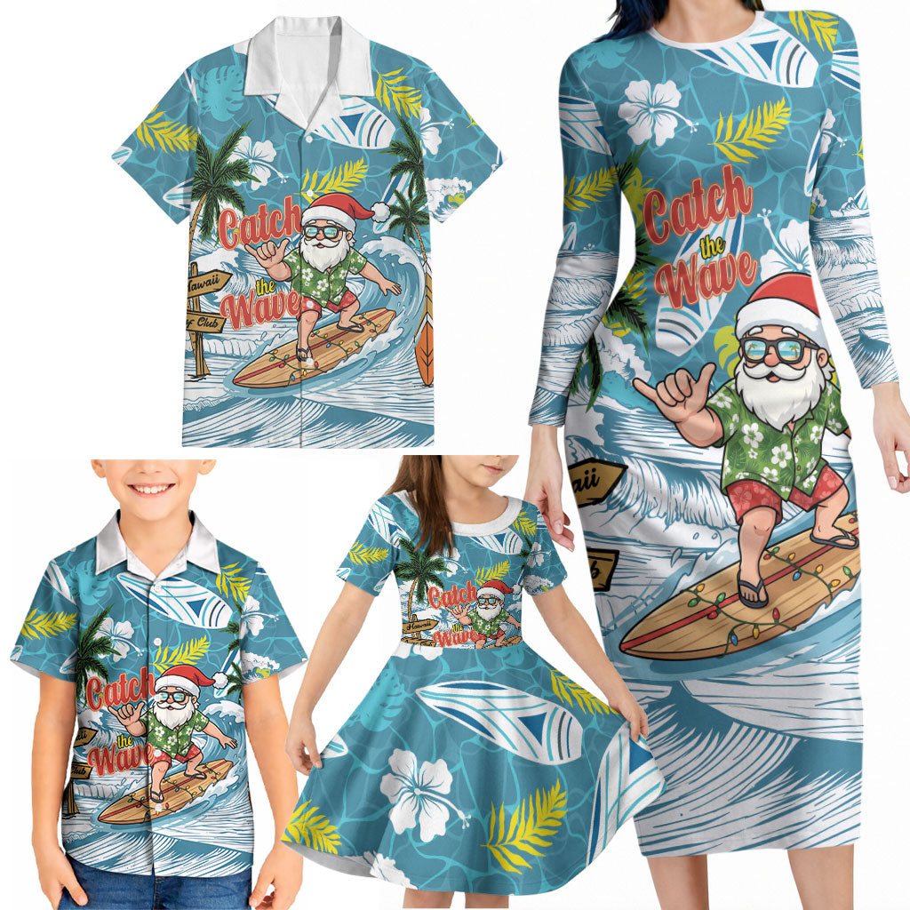 Hawaii Summer Christmas Family Matching Long Sleeve Bodycon Dress and Hawaiian Shirt Surfing Santa Shaka Catch The Wave LT14 - Polynesian Pride