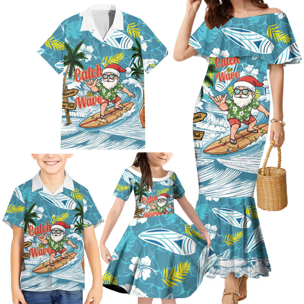 Hawaii Summer Christmas Family Matching Mermaid Dress and Hawaiian Shirt Surfing Santa Shaka Catch The Wave