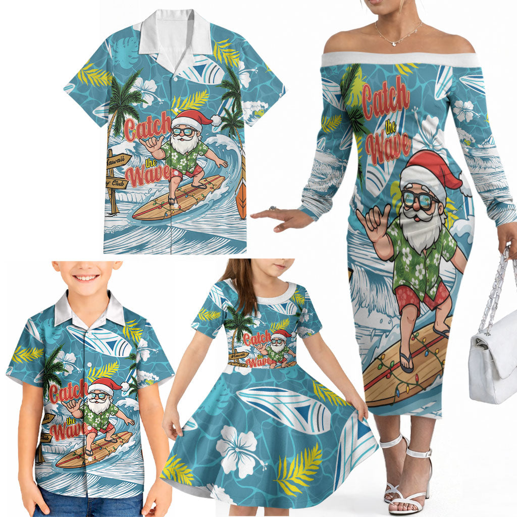 Hawaii Summer Christmas Family Matching Off The Shoulder Long Sleeve Dress and Hawaiian Shirt Surfing Santa Shaka Catch The Wave LT14 - Polynesian Pride