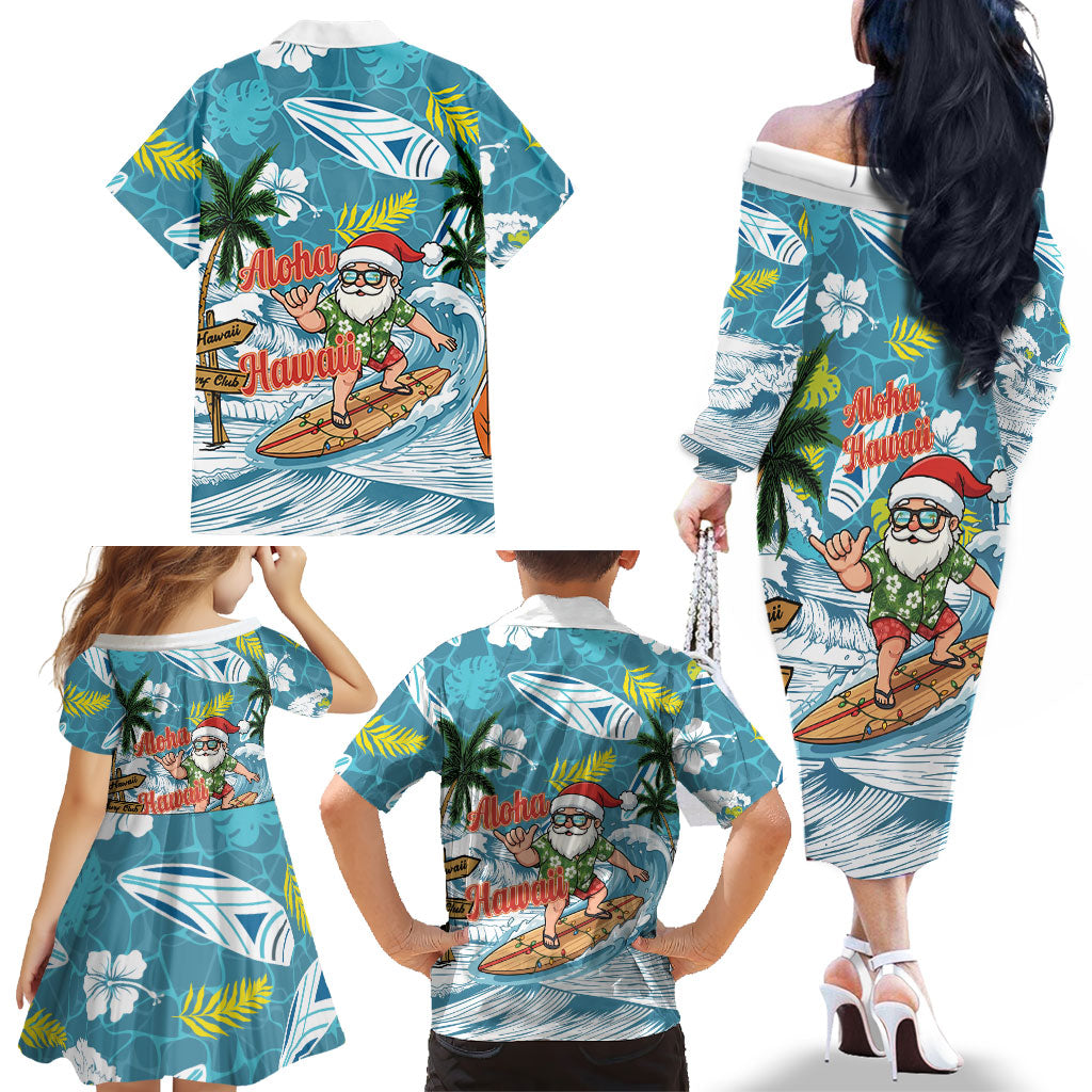 Hawaii Summer Christmas Family Matching Off The Shoulder Long Sleeve Dress and Hawaiian Shirt Surfing Santa Shaka Catch The Wave
