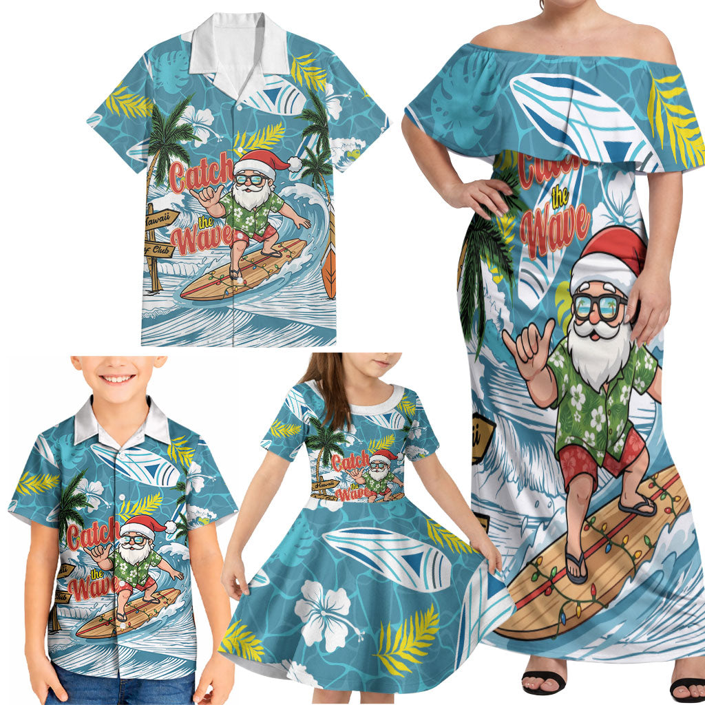 Hawaii Summer Christmas Family Matching Off Shoulder Maxi Dress and Hawaiian Shirt Surfing Santa Shaka Catch The Wave LT14 - Polynesian Pride