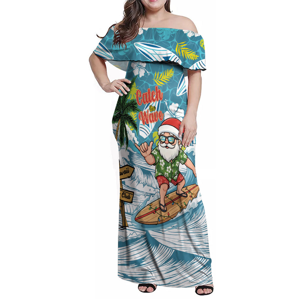 Hawaii Summer Christmas Family Matching Off Shoulder Maxi Dress and Hawaiian Shirt Surfing Santa Shaka Catch The Wave
