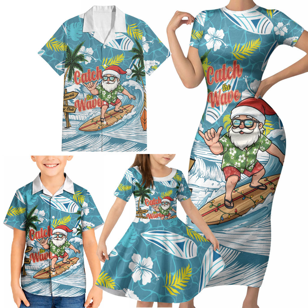 Hawaii Summer Christmas Family Matching Short Sleeve Bodycon Dress and Hawaiian Shirt Surfing Santa Shaka Catch The Wave LT14 - Polynesian Pride
