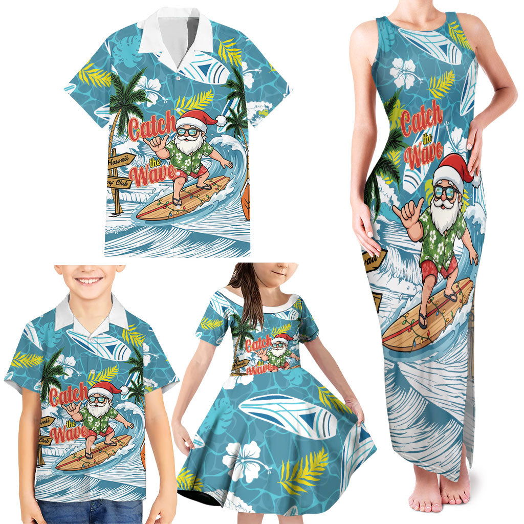 Hawaii Summer Christmas Family Matching Tank Maxi Dress and Hawaiian Shirt Surfing Santa Shaka Catch The Wave
