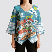 Hawaii Summer Christmas Kimono Sleeve Blouse Surfing Santa Shaka Catch The Wave