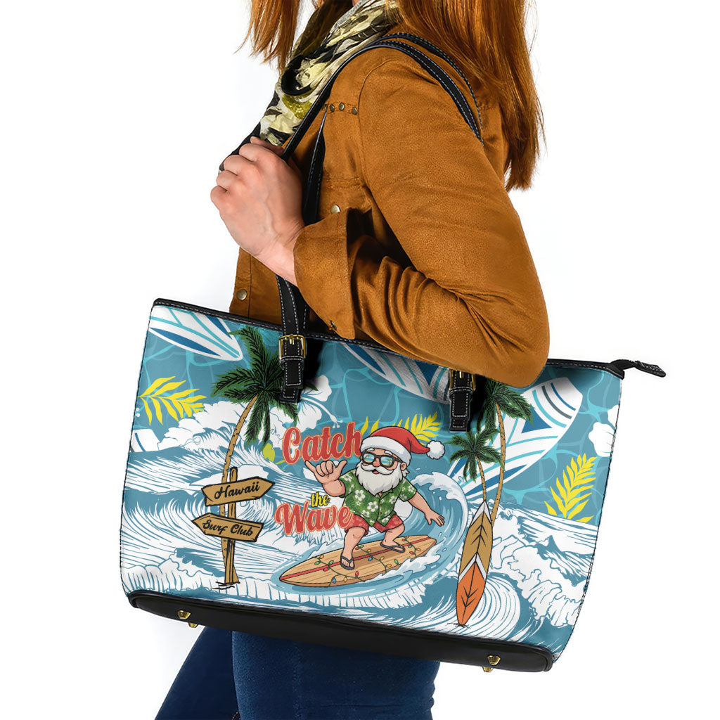 Hawaii Summer Christmas Leather Tote Bag Surfing Santa Shaka Catch The Wave