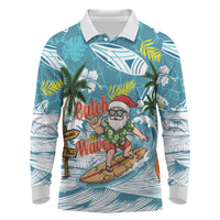 Hawaii Summer Christmas Long Sleeve Polo Shirt Surfing Santa Shaka Catch The Wave