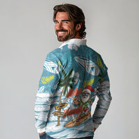 Hawaii Summer Christmas Long Sleeve Polo Shirt Surfing Santa Shaka Catch The Wave