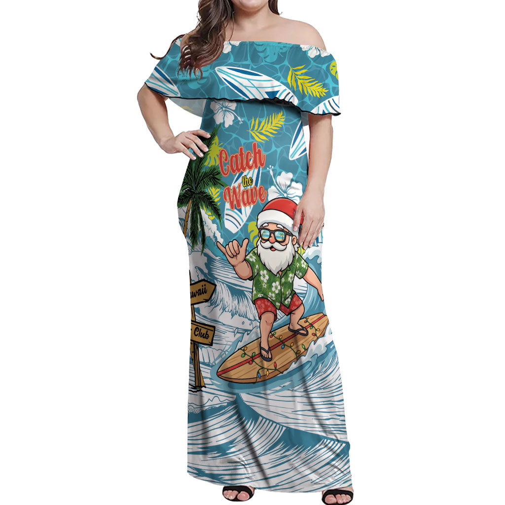 Hawaii Summer Christmas Off Shoulder Maxi Dress Surfing Santa Shaka Catch The Wave