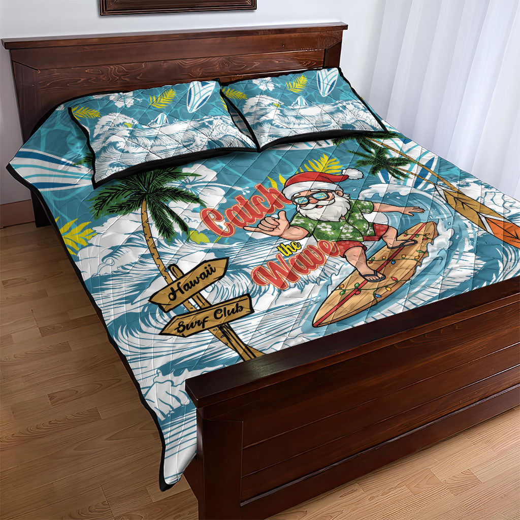Hawaii Summer Christmas Quilt Bed Set Surfing Santa Shaka Catch The Wave