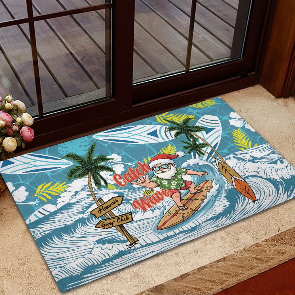 Hawaii Summer Christmas Rubber Doormat Surfing Santa Shaka Catch The Wave