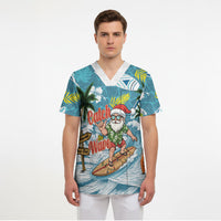 Hawaii Summer Christmas Scrub Top Surfing Santa Shaka Catch The Wave