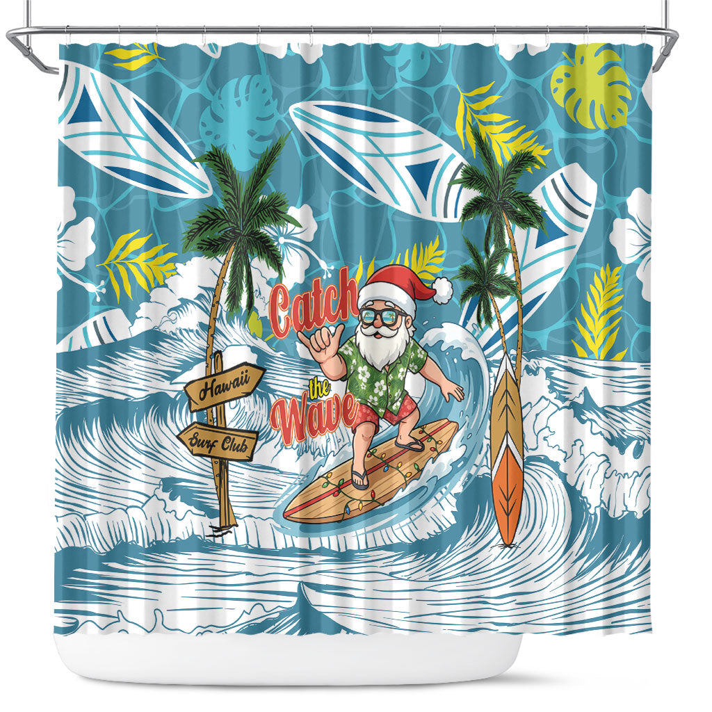 Hawaii Summer Christmas Shower Curtain Surfing Santa Shaka Catch The Wave