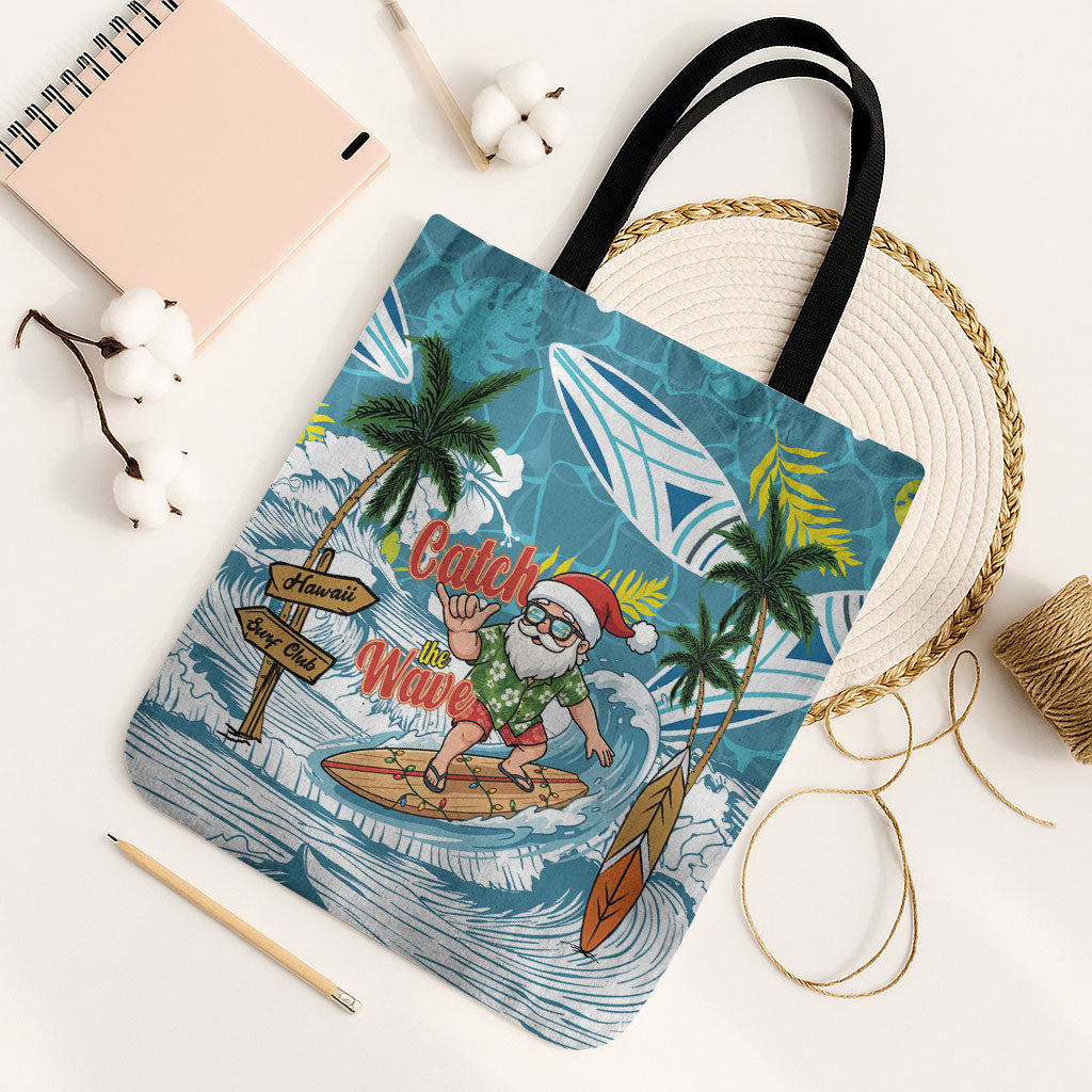 Hawaii Summer Christmas Tote Bag Surfing Santa Shaka Catch The Wave