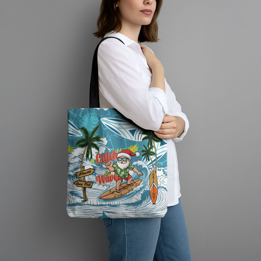 Hawaii Summer Christmas Tote Bag Surfing Santa Shaka Catch The Wave