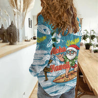 Hawaii Summer Christmas Women Casual Shirt Surfing Santa Shaka Catch The Wave