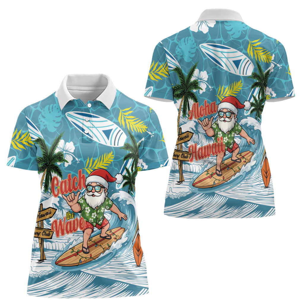 Hawaii Summer Christmas Women Polo Shirt Surfing Santa Shaka Catch The Wave
