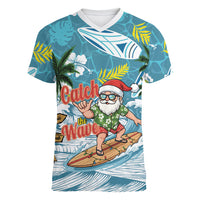 Hawaii Summer Christmas Women V-Neck T-Shirt Surfing Santa Shaka Catch The Wave