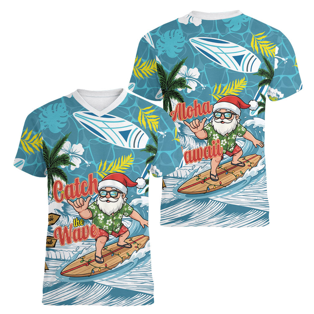Hawaii Summer Christmas Women V-Neck T-Shirt Surfing Santa Shaka Catch The Wave