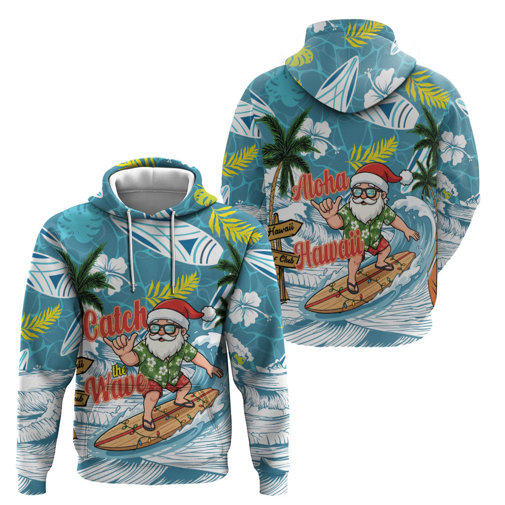 Hawaii Summer Christmas Zip Hoodie Surfing Santa Shaka Catch The Wave