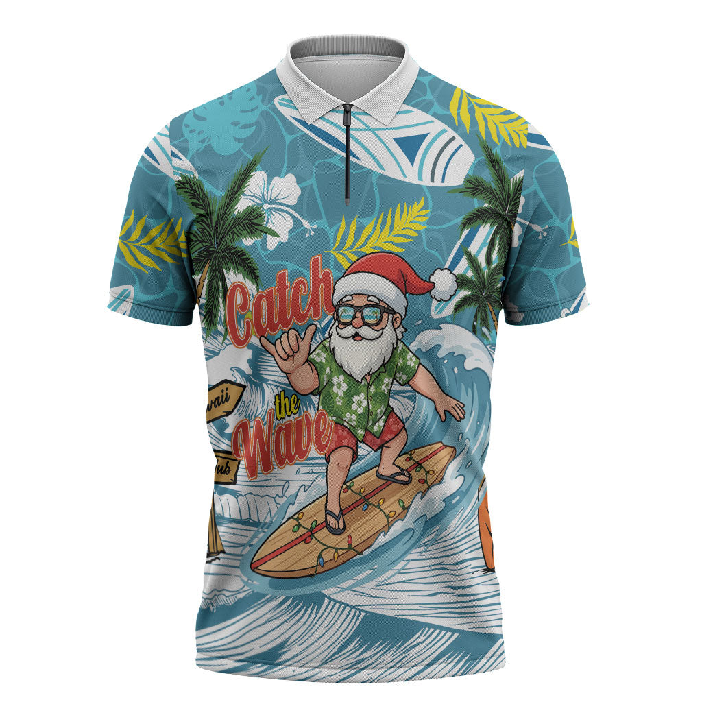 Hawaii Summer Christmas Zipper Polo Shirt Surfing Santa Shaka Catch The Wave