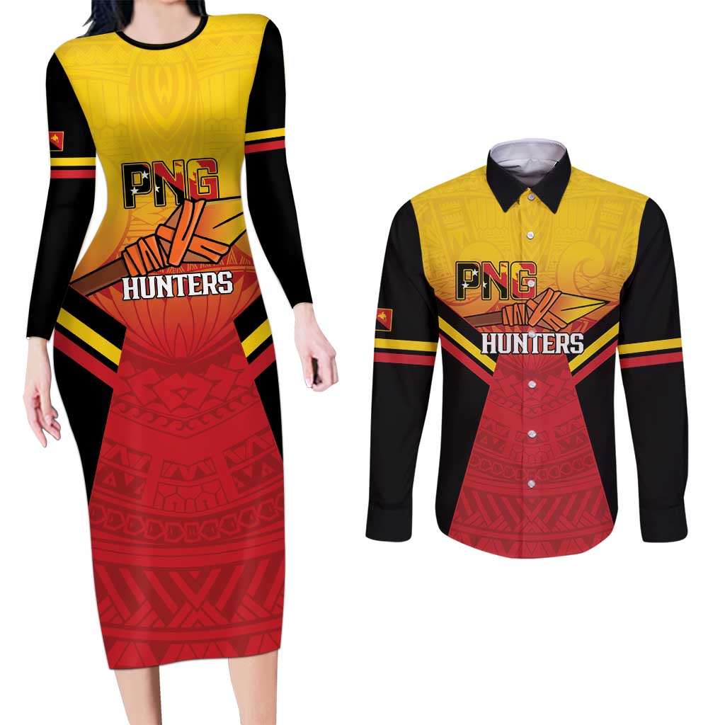 Papua New Guinea Rugby Custom Couples Matching Long Sleeve Bodycon Dress and Long Sleeve Button Shirt Go PNG Hunters Polynesian Pattern - Polynesian Pride