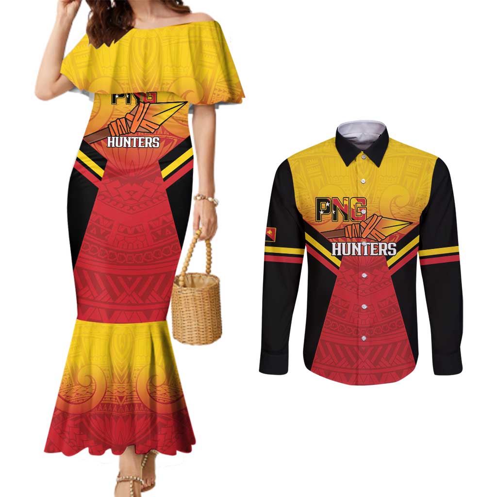 Papua New Guinea Rugby Custom Couples Matching Mermaid Dress and Long Sleeve Button Shirt Go PNG Hunters Polynesian Pattern - Polynesian Pride