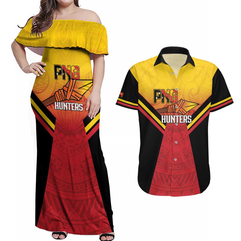 Papua New Guinea Rugby Custom Couples Matching Off Shoulder Maxi Dress and Hawaiian Shirt Go PNG Hunters Polynesian Pattern - Polynesian Pride