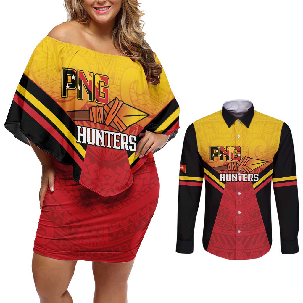 Papua New Guinea Rugby Custom Couples Matching Off Shoulder Short Dress and Long Sleeve Button Shirt Go PNG Hunters Polynesian Pattern - Polynesian Pride