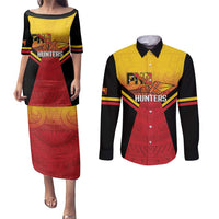 Papua New Guinea Rugby Custom Couples Matching Puletasi and Long Sleeve Button Shirt Go PNG Hunters Polynesian Pattern - Polynesian Pride