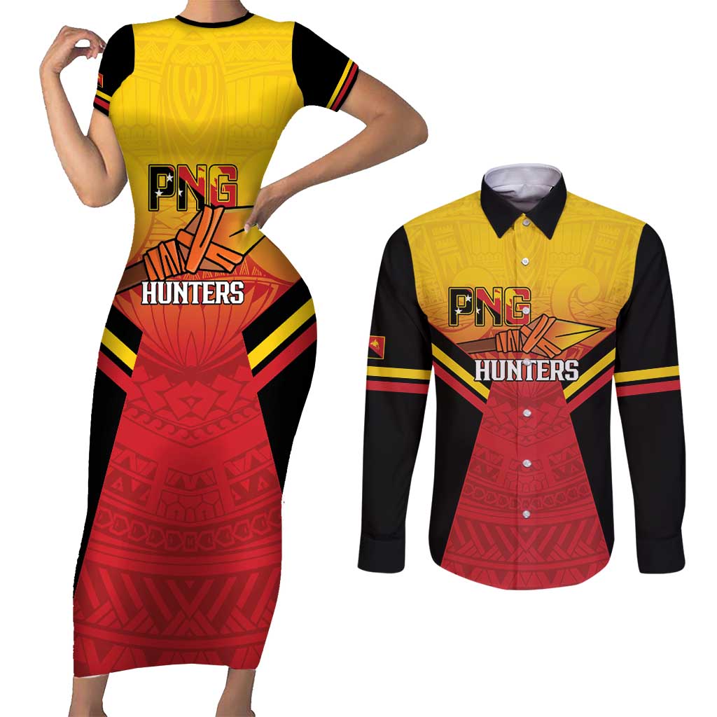 Papua New Guinea Rugby Custom Couples Matching Short Sleeve Bodycon Dress and Long Sleeve Button Shirt Go PNG Hunters Polynesian Pattern - Polynesian Pride