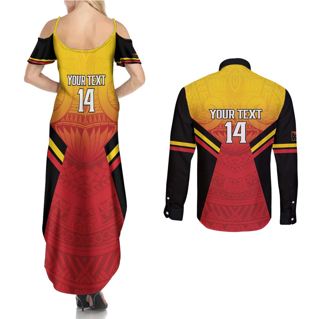 Papua New Guinea Rugby Custom Couples Matching Summer Maxi Dress and Long Sleeve Button Shirt Go PNG Hunters Polynesian Pattern - Polynesian Pride