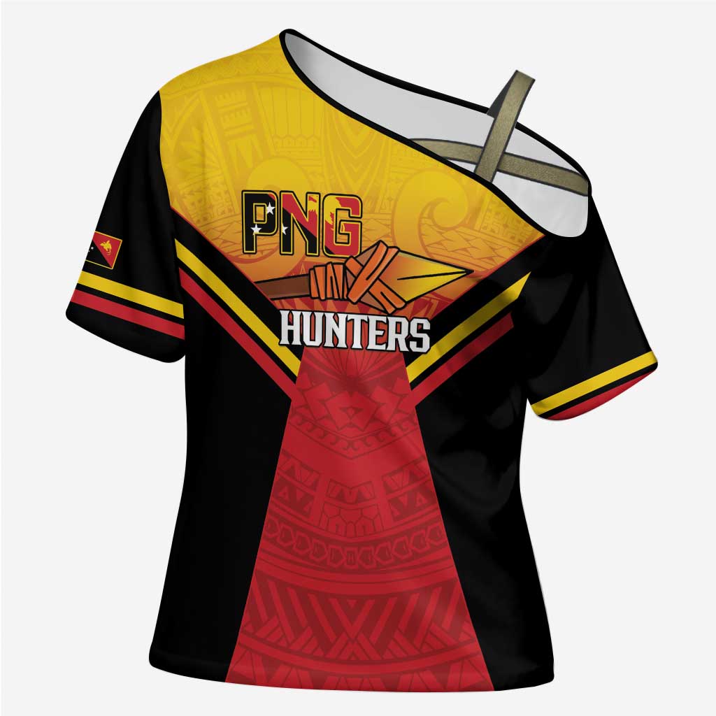 Papua New Guinea Rugby Custom Cross Shoulder Shirt Go PNG Hunters Polynesian Pattern - Polynesian Pride